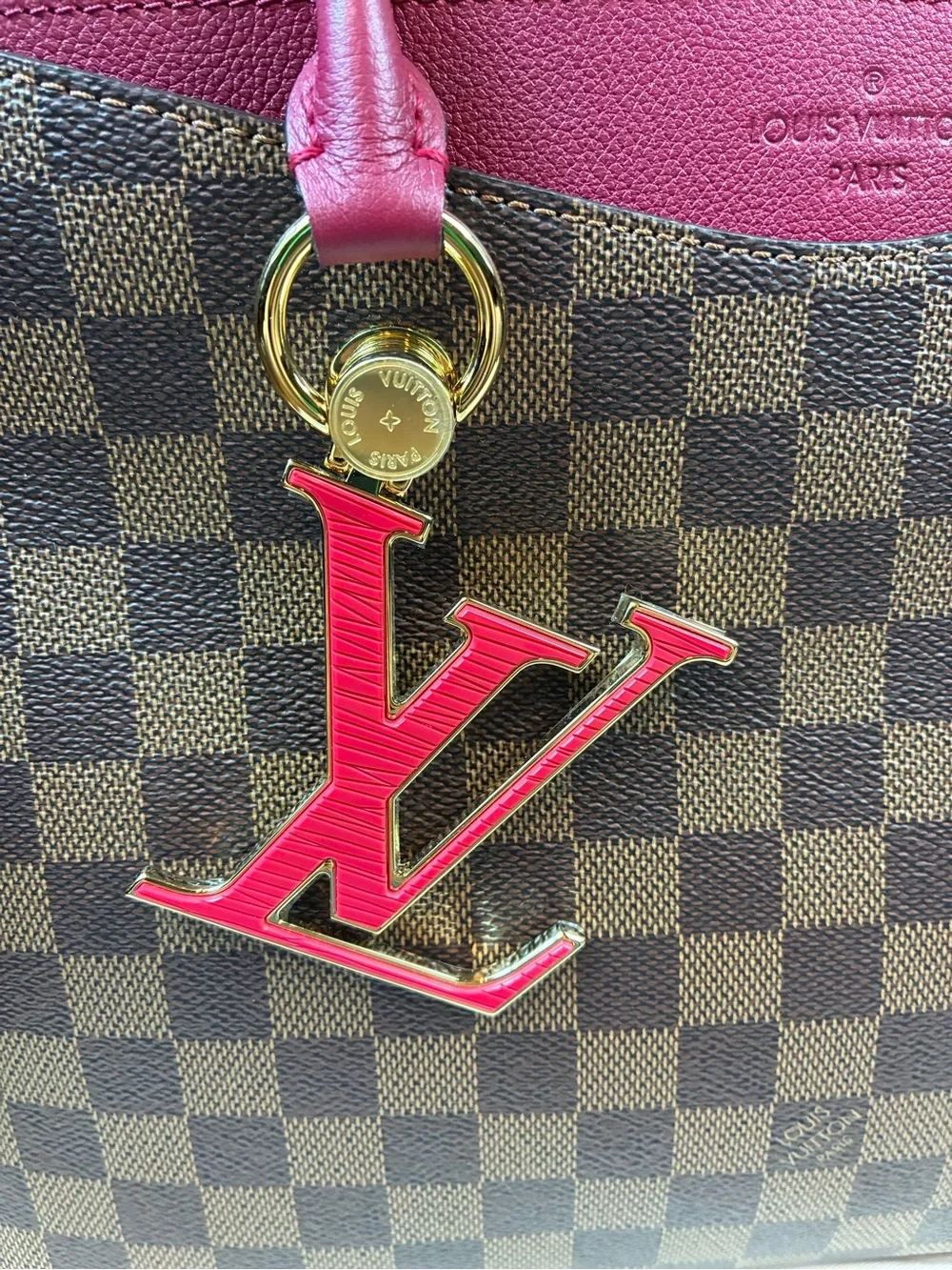 Louis Vuitton LV Damier Ebene Riverside Tote w/ Magenta Leather & LV Charm - NWT